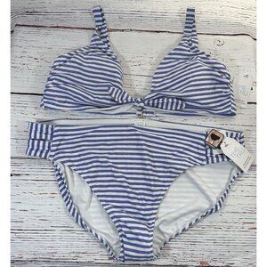 NEW Time and Tru Bikini Womens Plus Size 3X Swim Top & Bottoms Set Blue Stripes